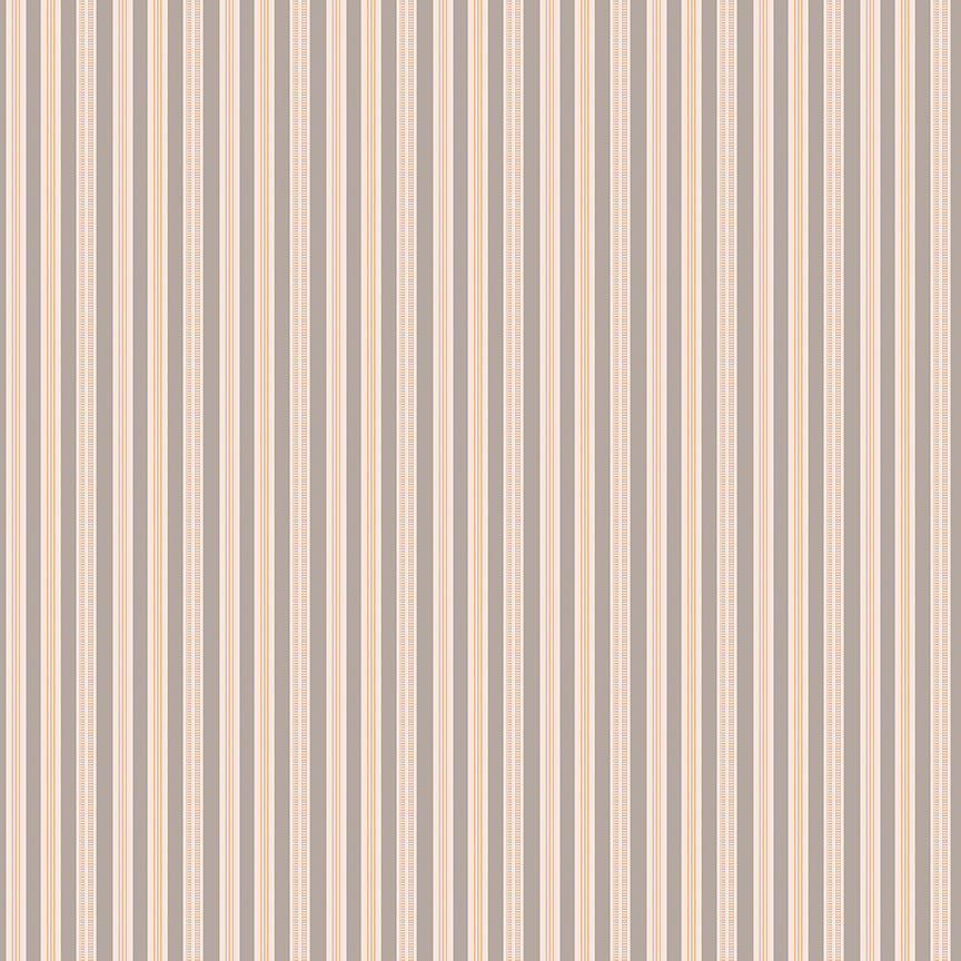 This print features a ticking stripe in a cream and grey color way
