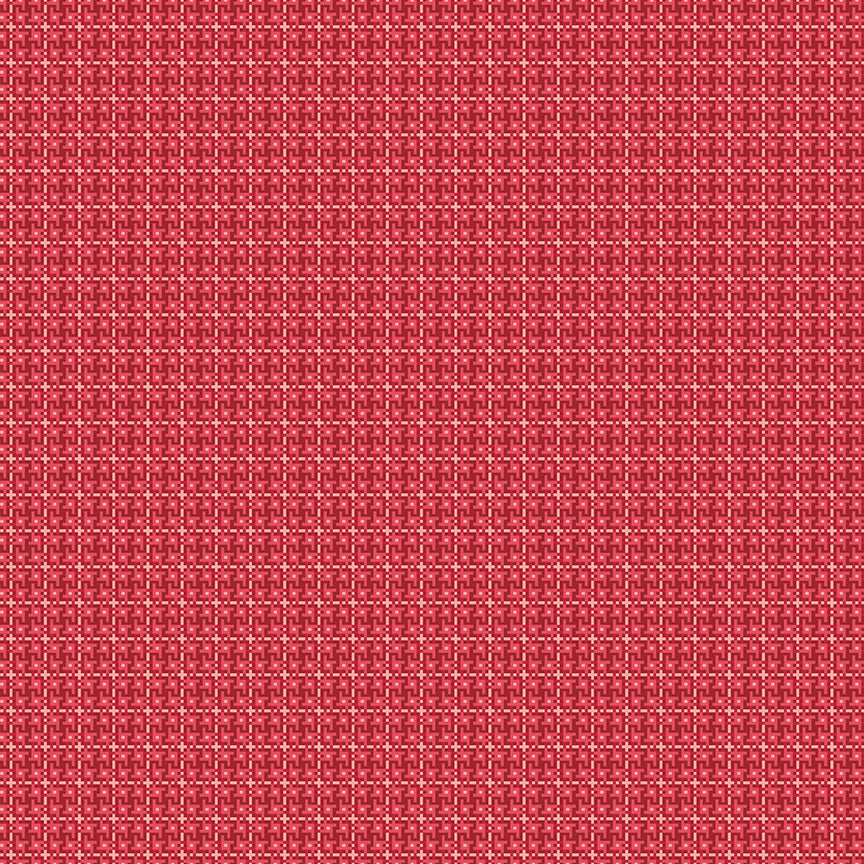 This print features a woven grid of geometric designs in red