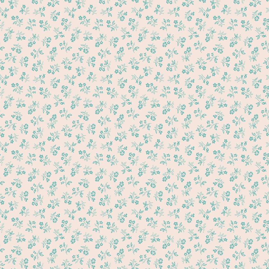 This print features sprigs of flowers. Cream background and blue flowers