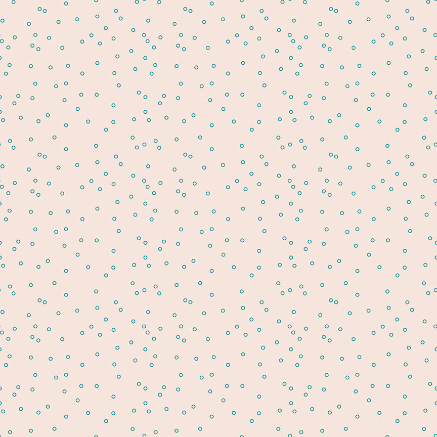 This print features scattered circle dots. Cream background with blue circle dots
