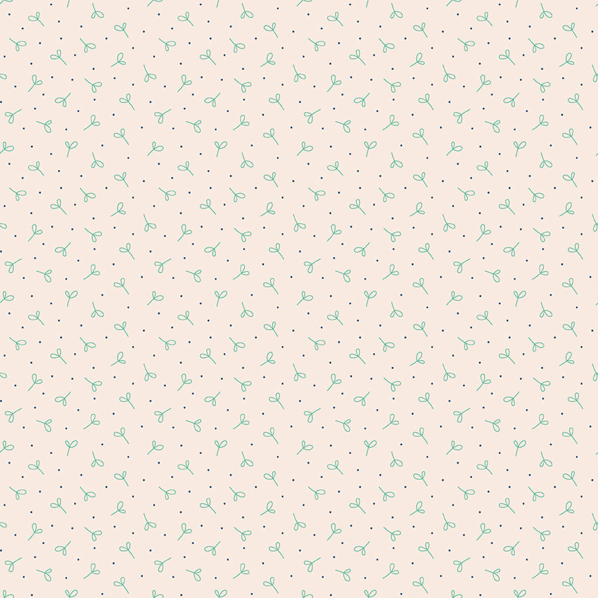This print features small seedlings on a pin dot background. Cream background with green leaf details