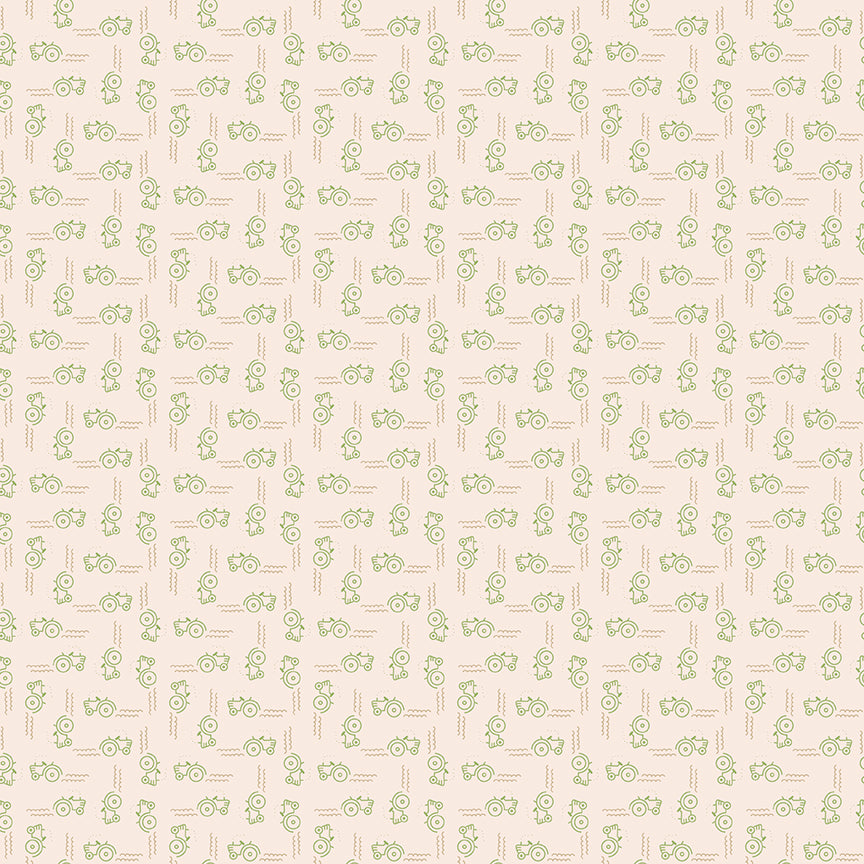 This print features tiny tractors going all directions. Cream background with green tractors