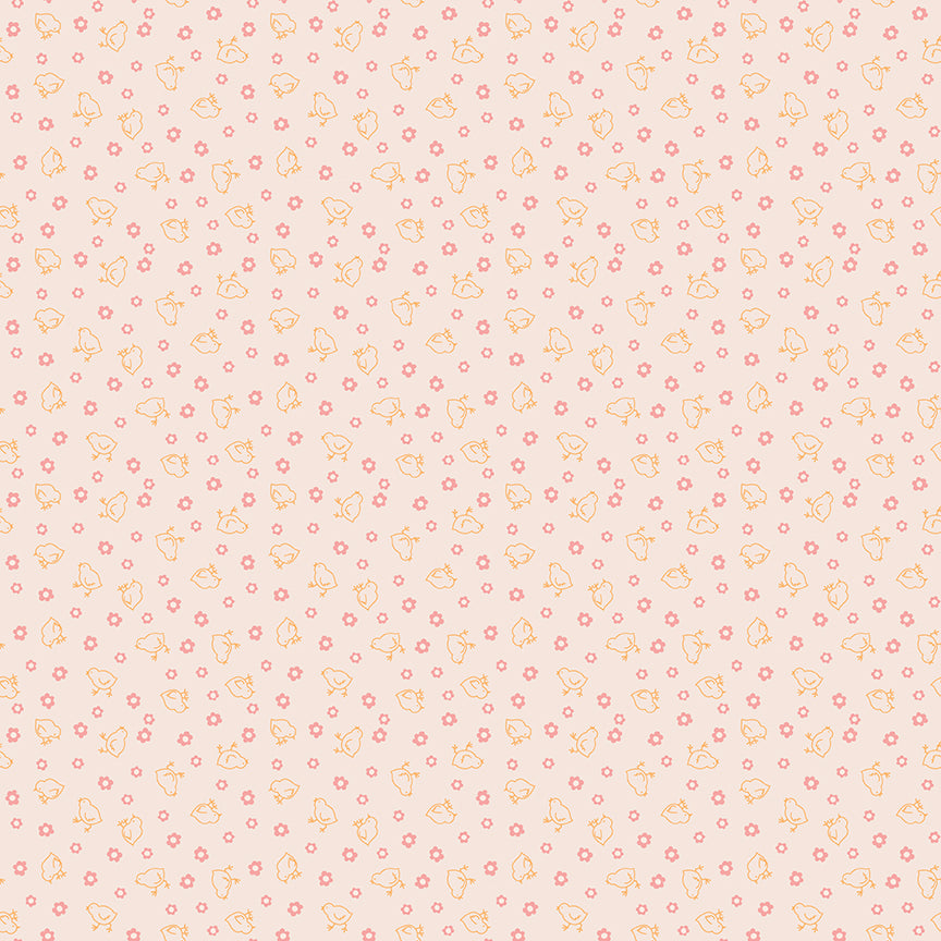 This print features scattered chicks and flowers.