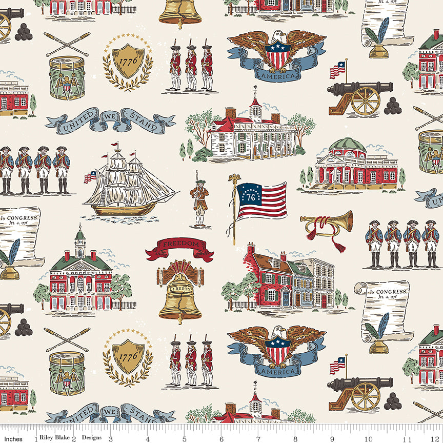 Fabric with historical-themed design featuring buildings, flags, and people on a beige background.