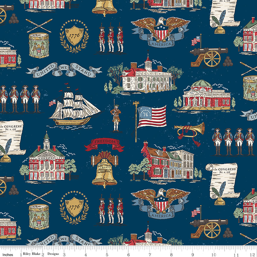 Patterned fabric with American-themed designs on a blue background