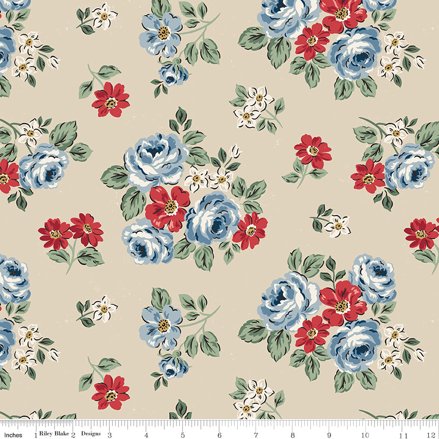 Floral pattern with blue and red flowers on a beige background