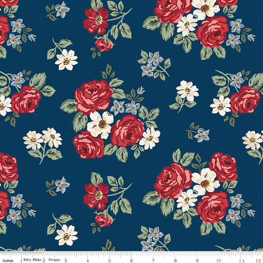 Floral pattern with red roses and white flowers on a blue background