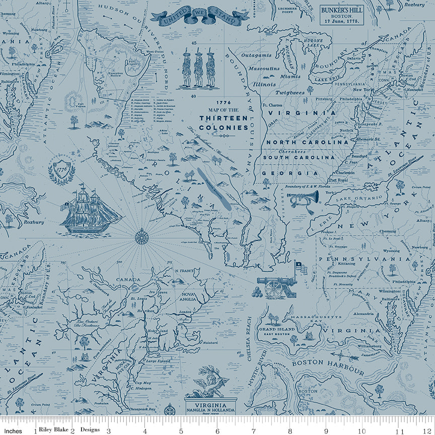 Map of the Thirteen Colonies with decorative elements on a blue background
