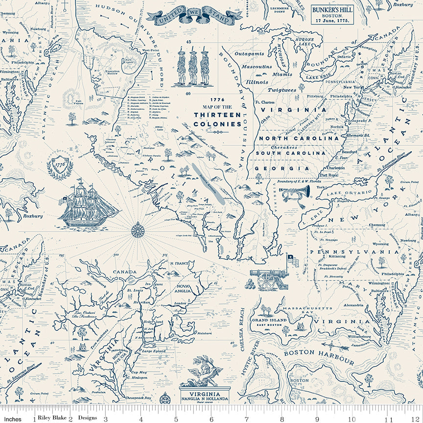Map of the Thirteen Colonies with decorative elements on a fabric background