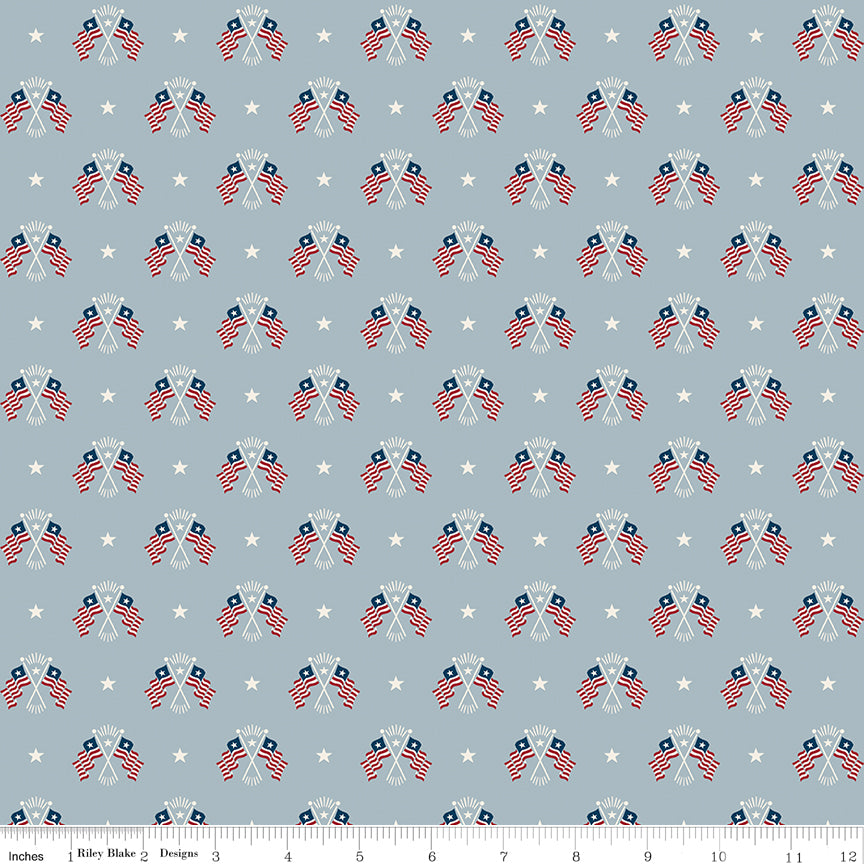 Pattern of crossed flags and stars on a light blue background