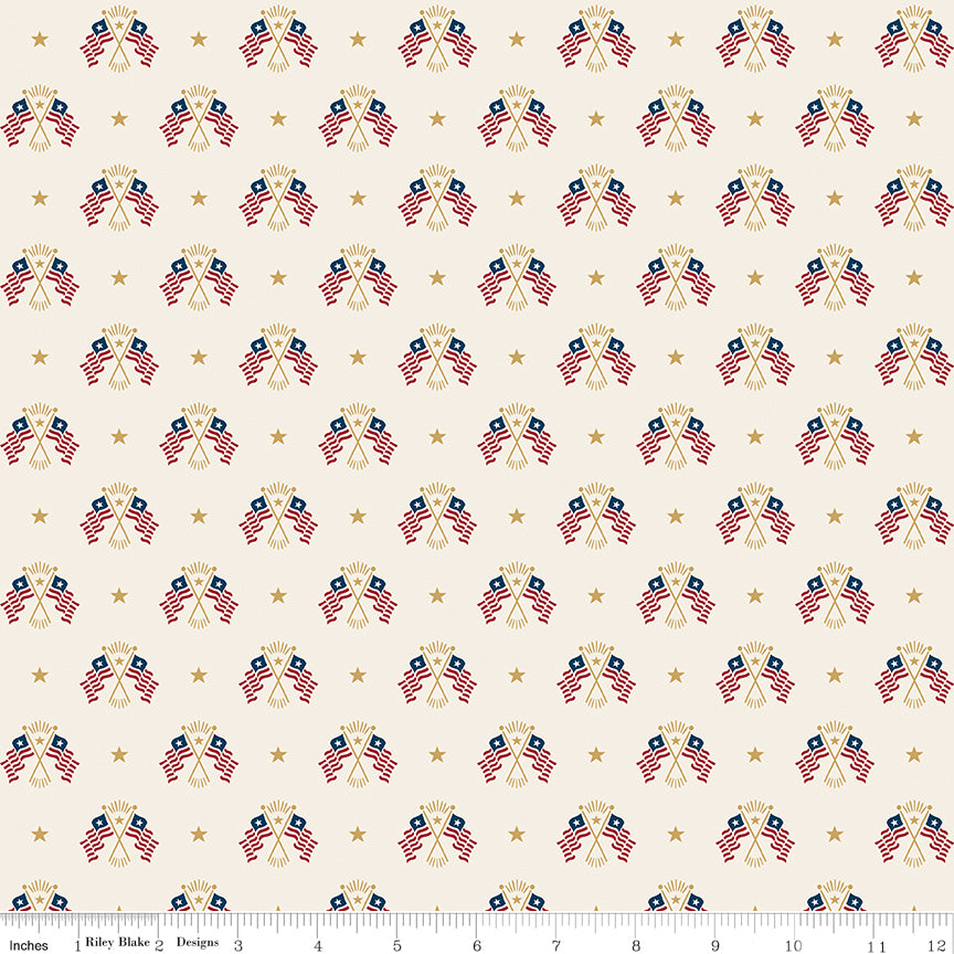 Pattern of American flags and stars on a beige background
