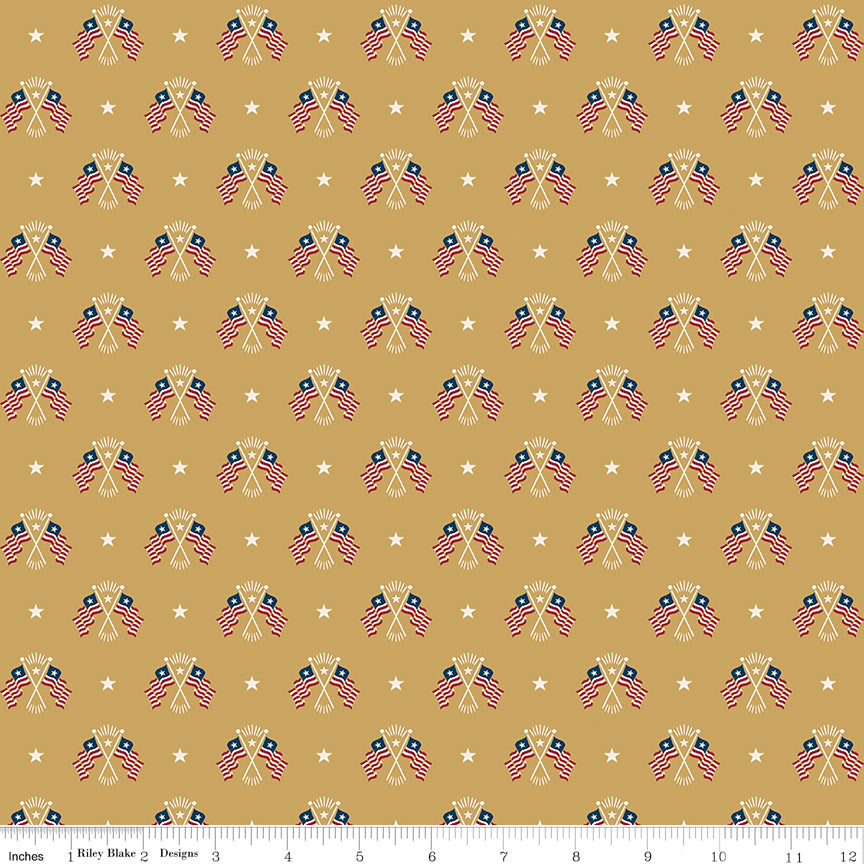 Pattern of American flags on a beige background with stars