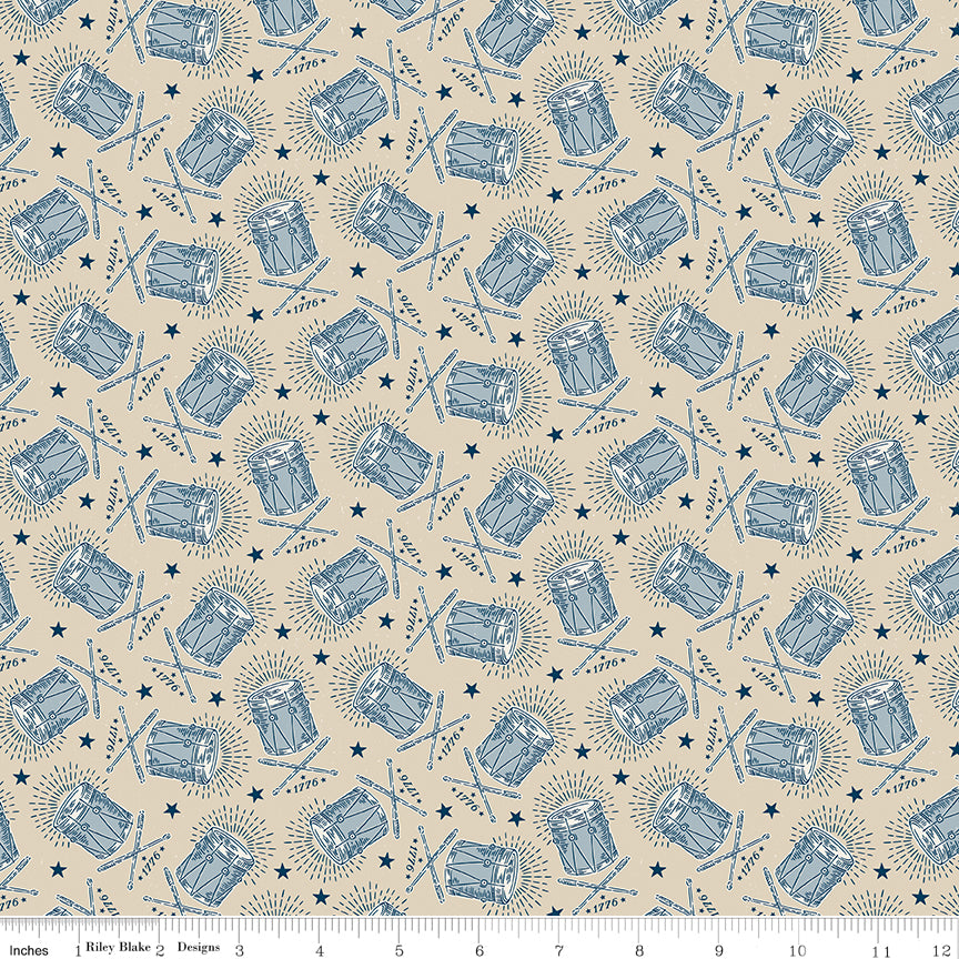 Patterned fabric with blue drums and drumsticks on a beige background