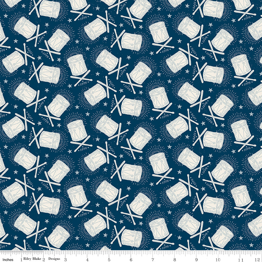 Pattern of white drums on a blue background.