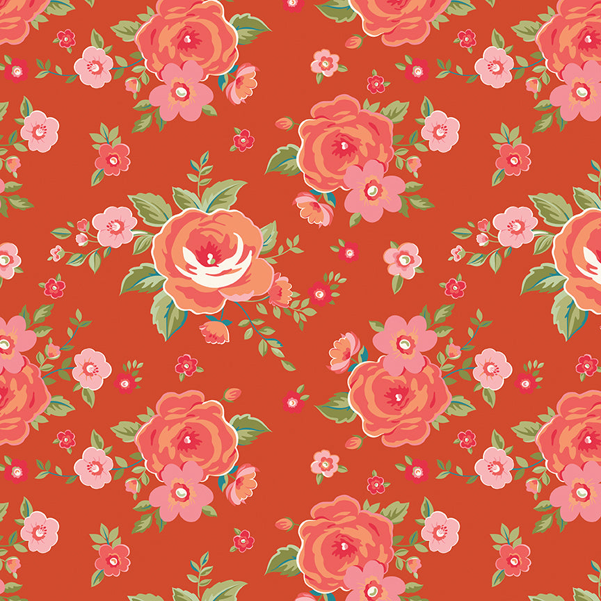 Floral pattern with pink and orange flowers on a red background