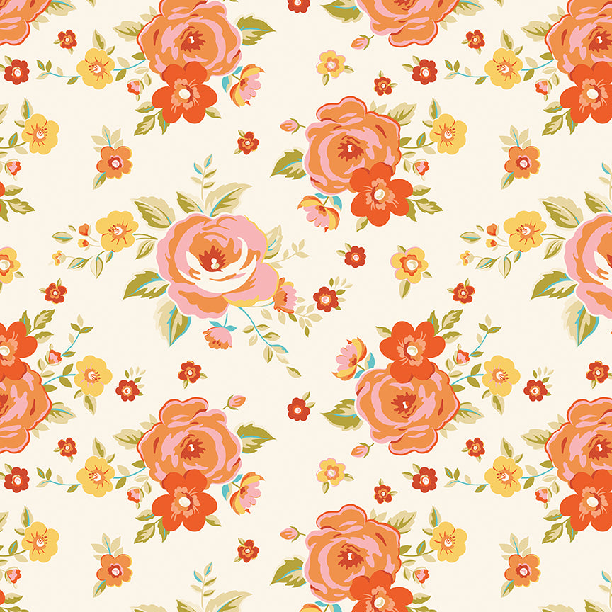 Floral pattern with pink and orange flowers on a white background