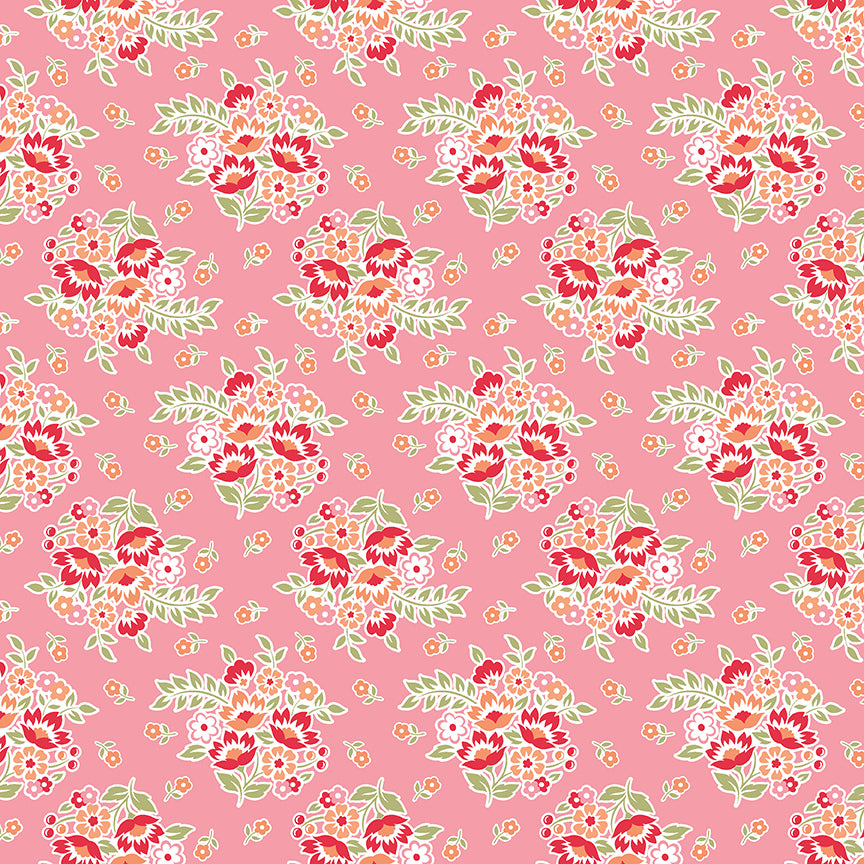 Floral pattern with red and white flowers on a pink background