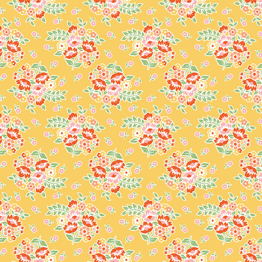 Floral pattern with red, pink, and green flowers on a yellow background