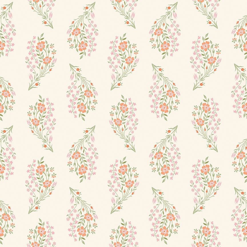 Floral pattern with pink flowers and green leaves on a beige background