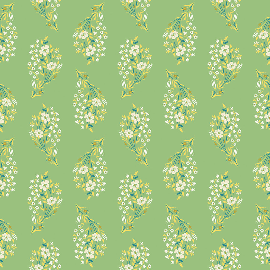 Floral pattern with white flowers and green leaves on a green background