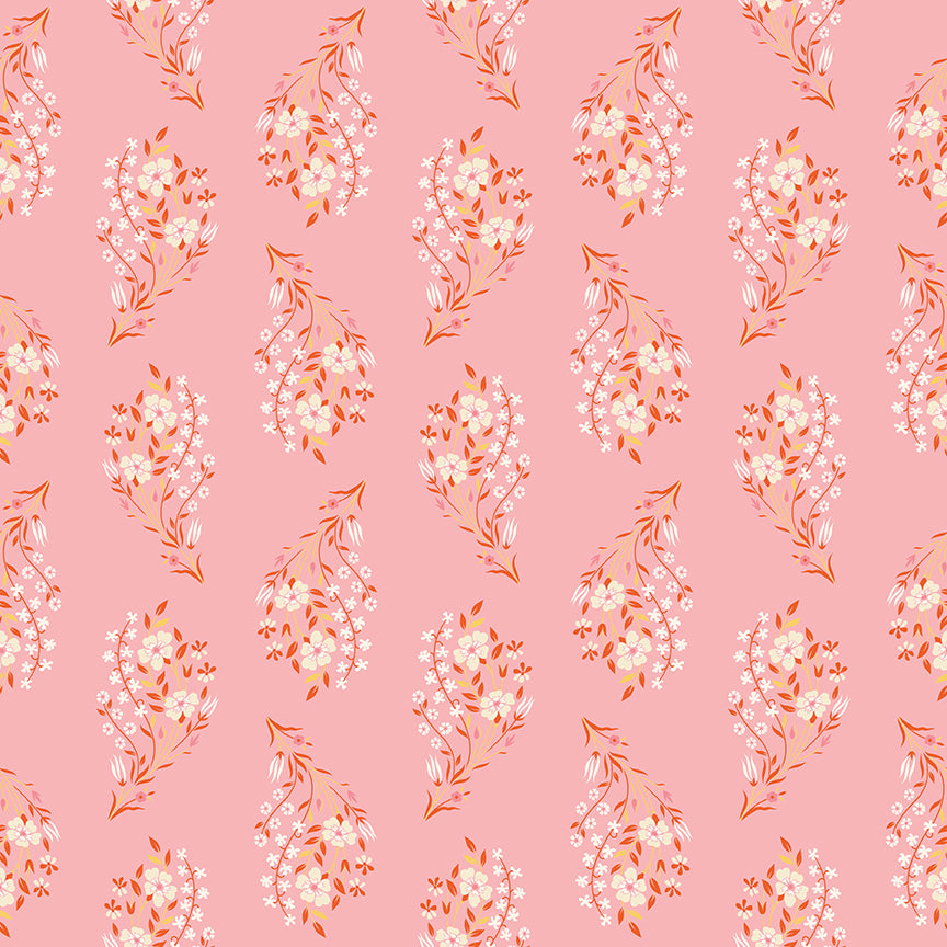 Floral pattern with small flowers and leaves on a pink background