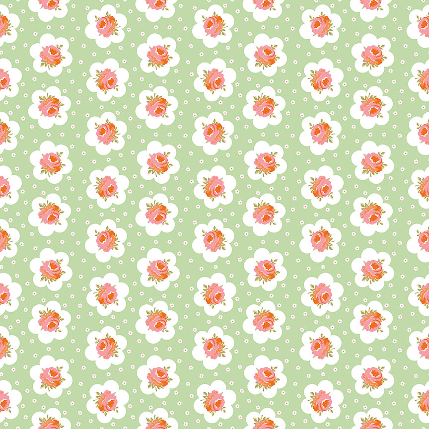 Pattern of pink flowers and white polka dots on a green background