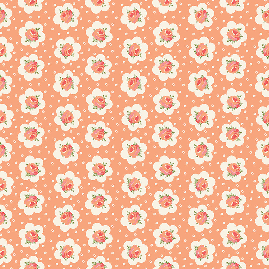 Pattern of pink flowers and white polka dots on a peach background