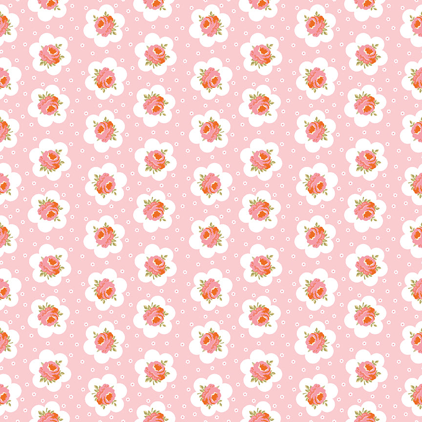Pattern of small flowers and polka dots on a pink background