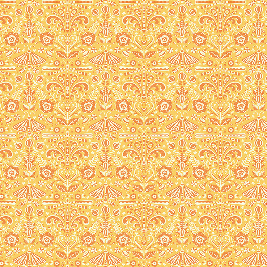 Decorative pattern with floral and geometric elements on a yellow background