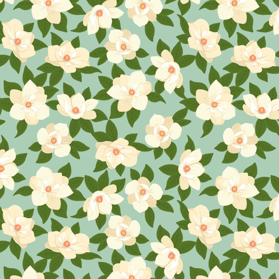 Pattern of white flowers with green leaves on a light blue background