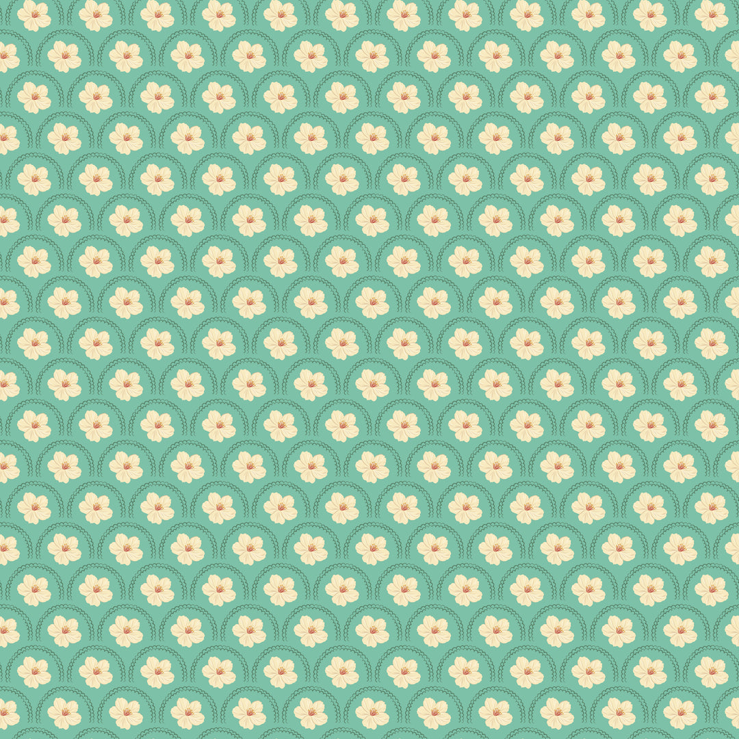Pattern of small pink flowers on a green background
