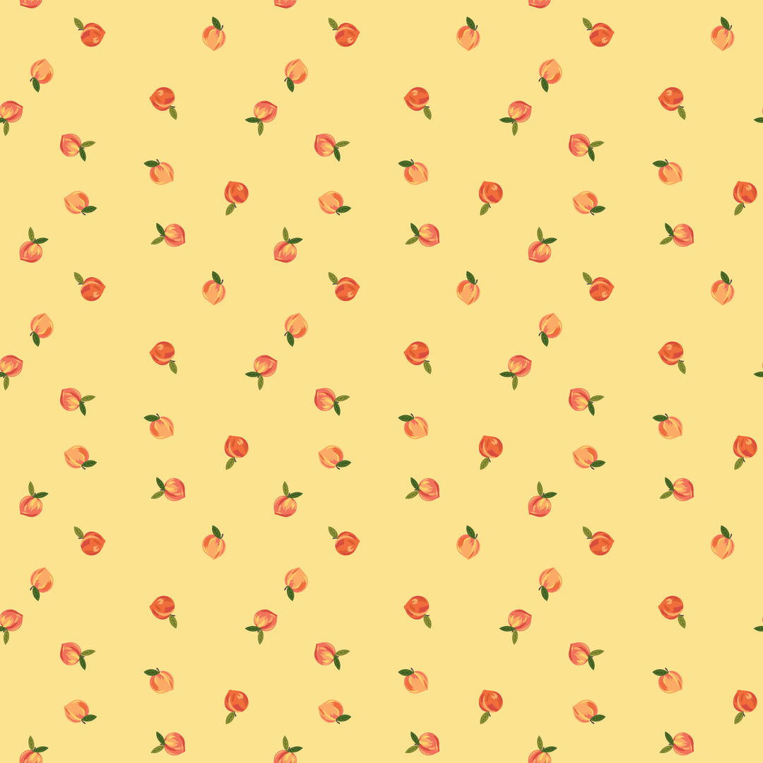 Pattern of small red roses with green stems on a yellow background