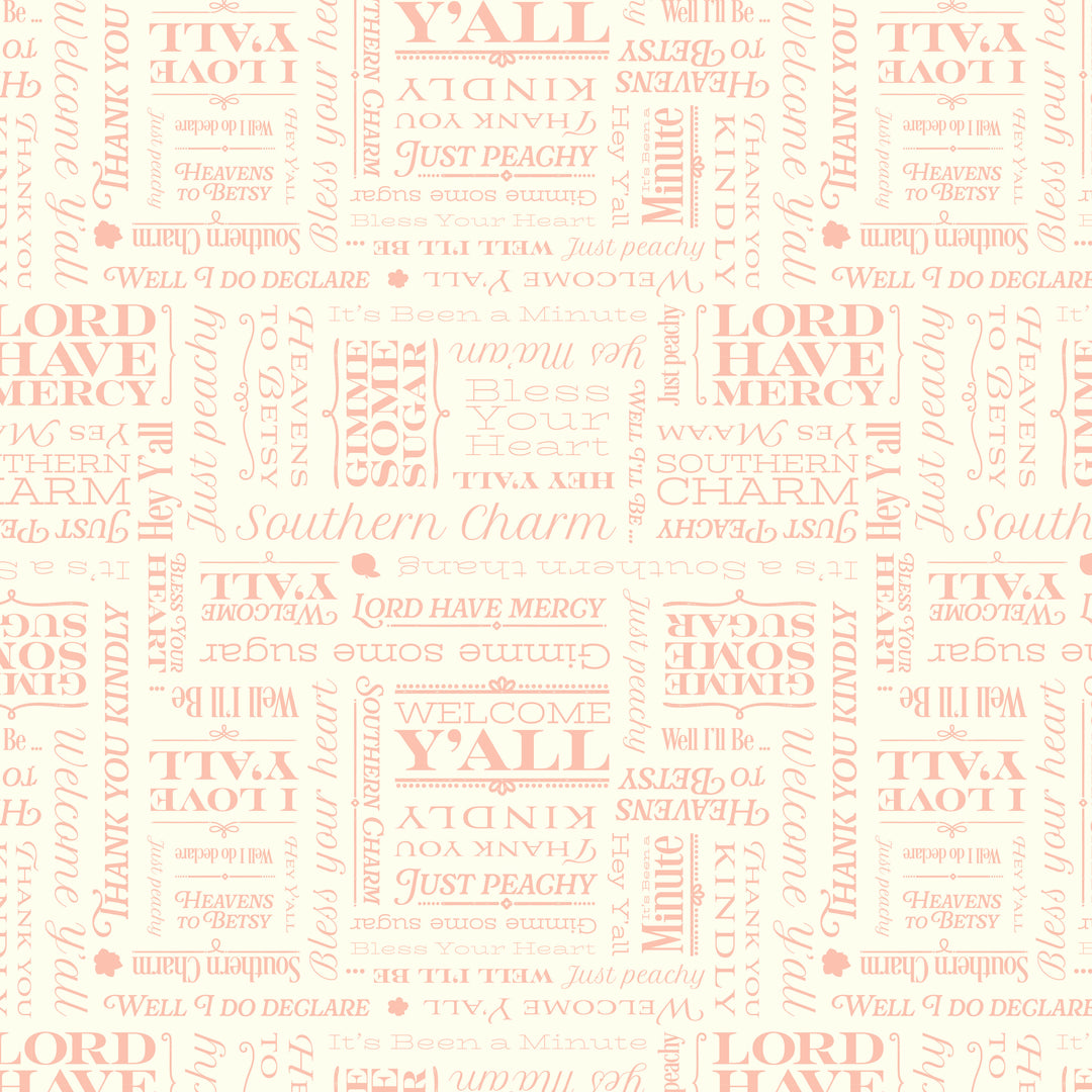 Pattern of various phrases on a light pink background