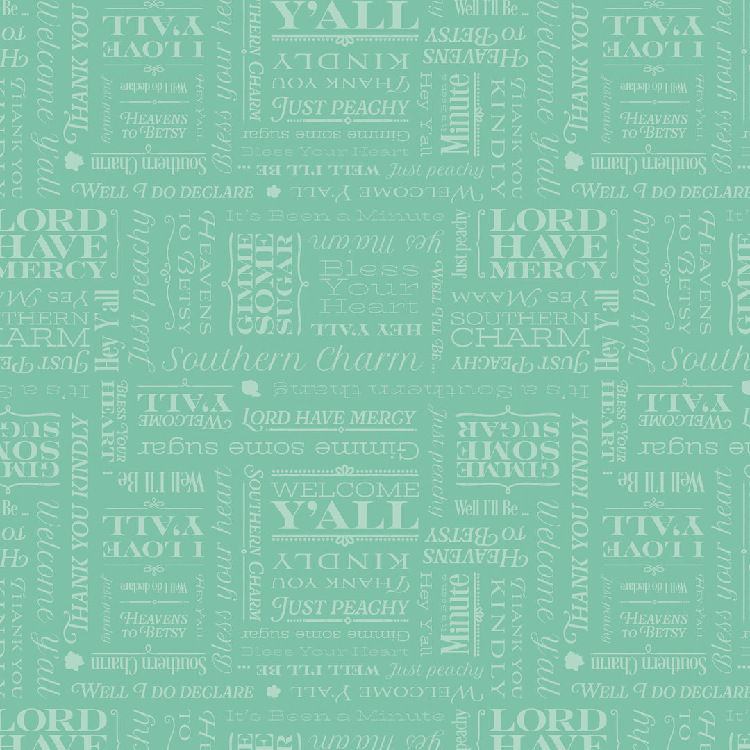 Text pattern on a green background with various phrases.