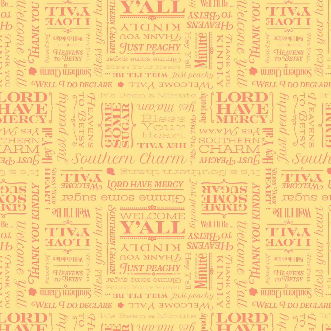 Patterned fabric with text on a yellow background