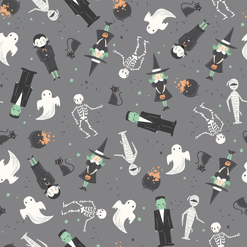 Halloween-themed pattern with ghosts, skeletons, and other characters on a gray background.