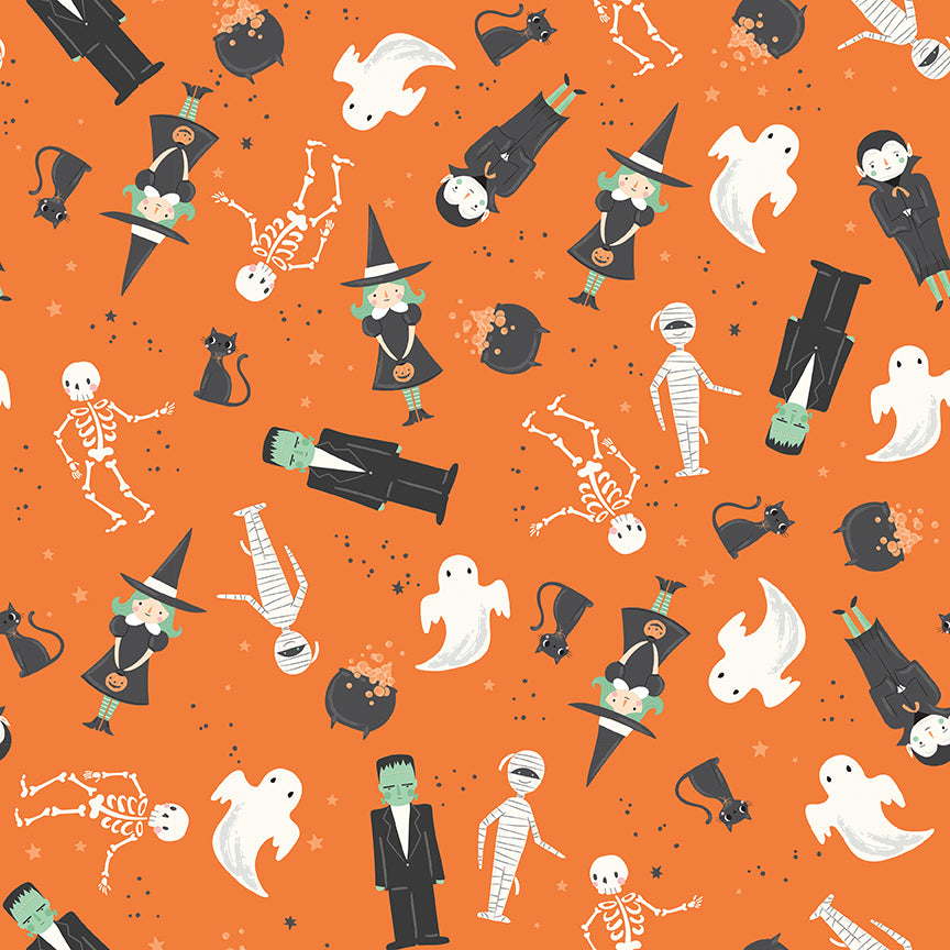 Halloween-themed pattern with ghosts, skeletons, and witches on an orange background.