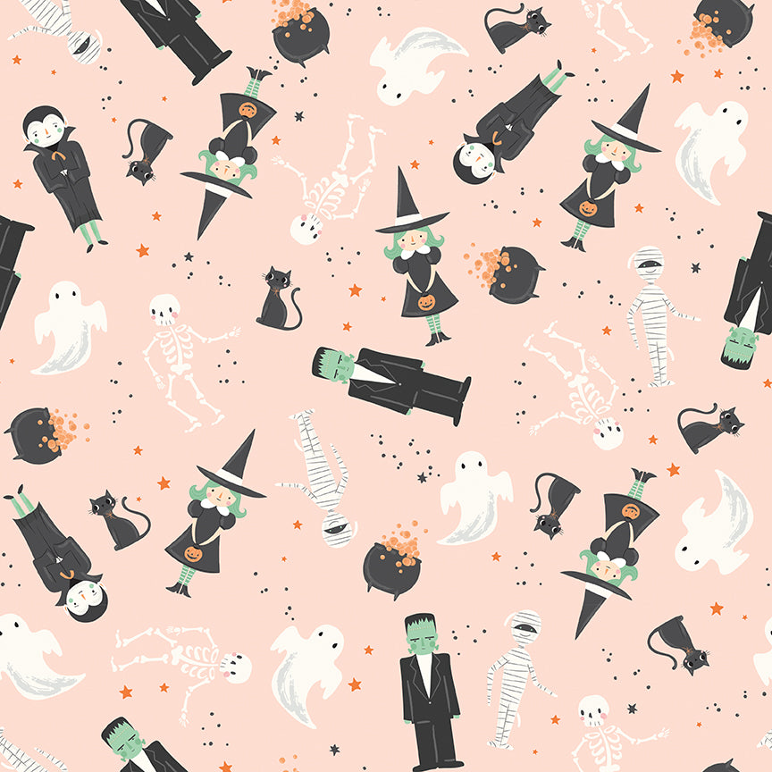 Halloween-themed pattern with ghosts, witches, cats, and other characters on a pink background.