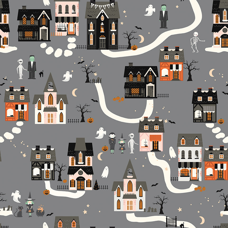 Halloween-themed pattern with houses, ghosts, and pumpkins on a gray background