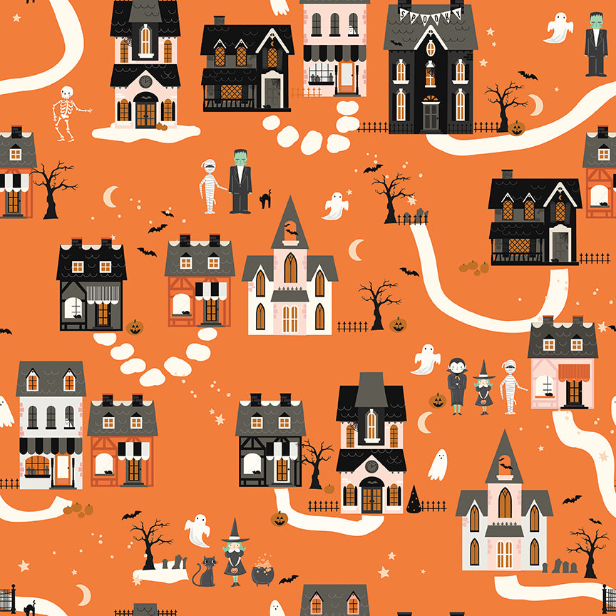 Halloween-themed pattern with houses, ghosts, and other elements on an orange background