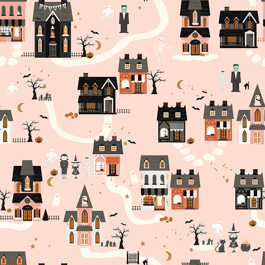 Pattern of Halloween-themed houses and characters on a pink background