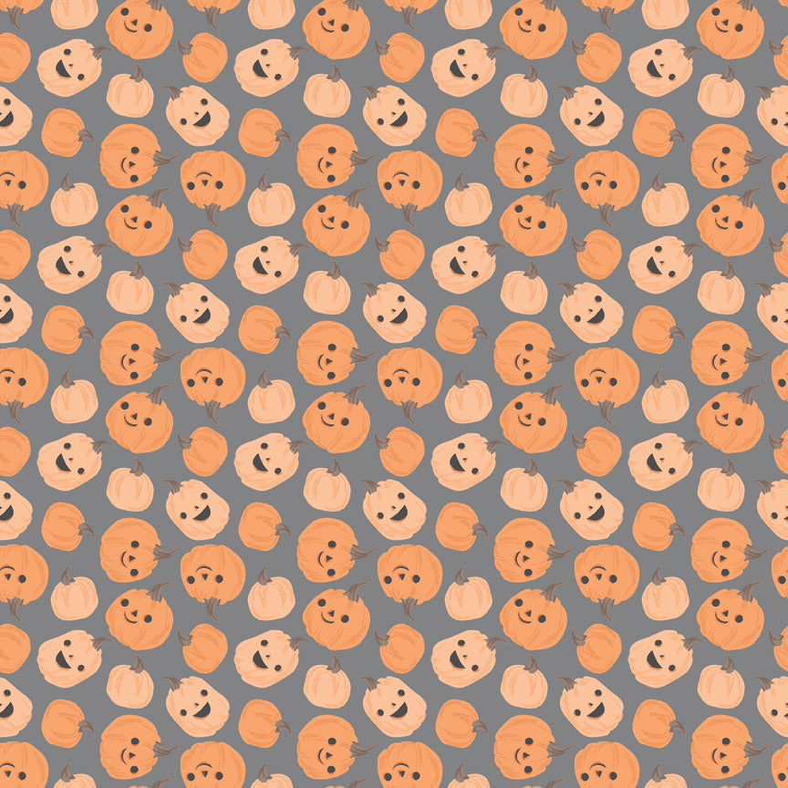 Pattern of pumpkins with faces on a gray background