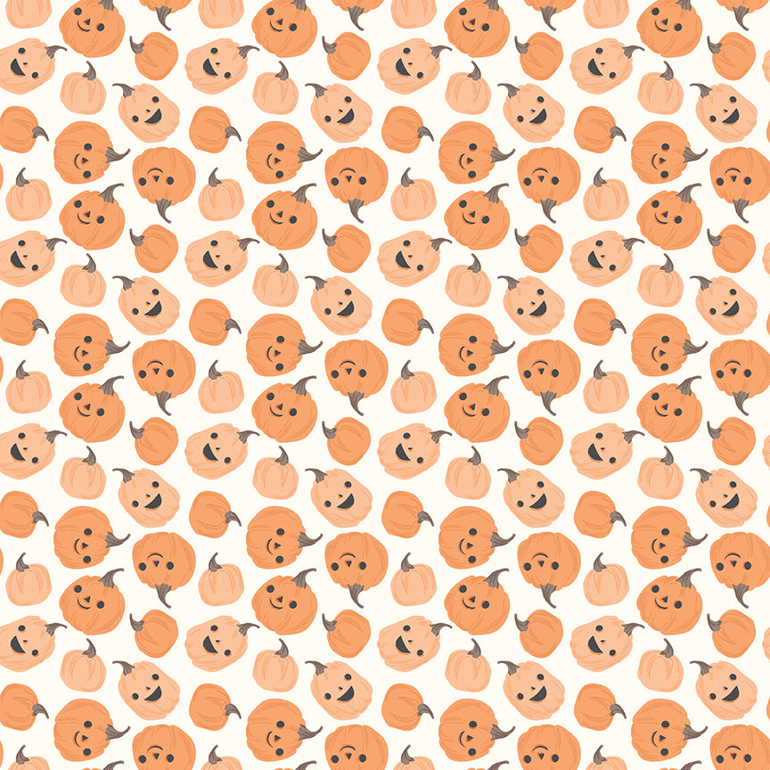 Pattern of cartoon pumpkins with faces on a white background