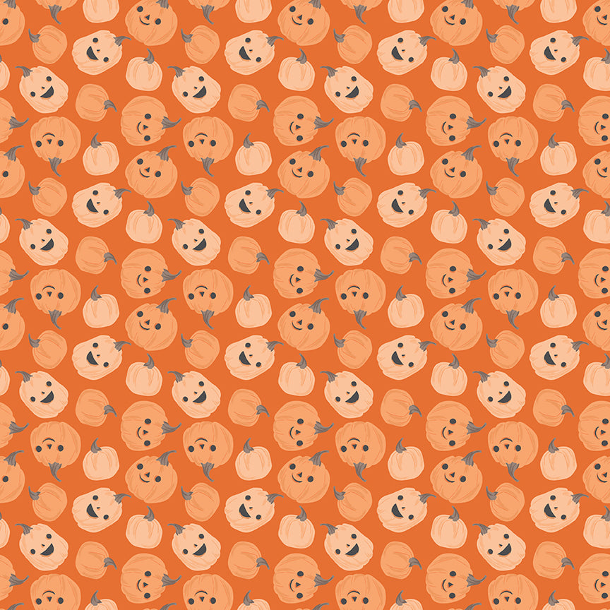 Pattern of pumpkins with faces on an orange background