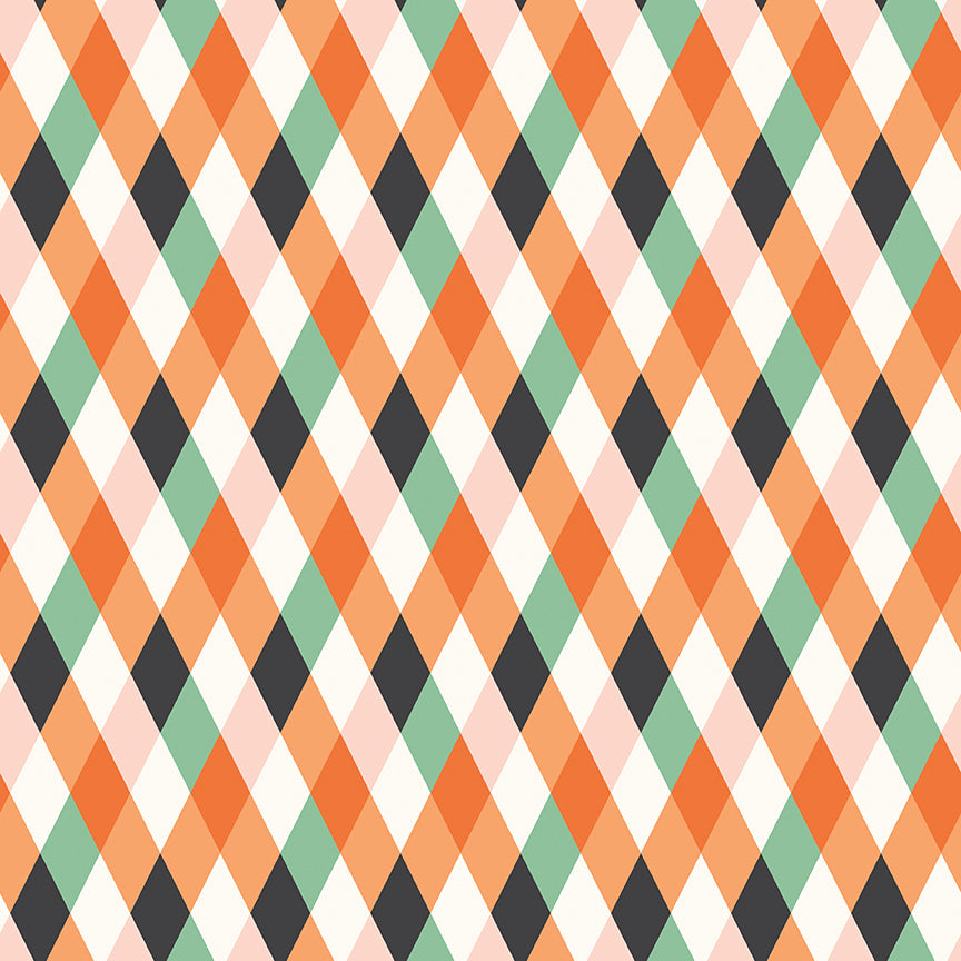 Colorful diamond pattern with orange, green, and black on a white background