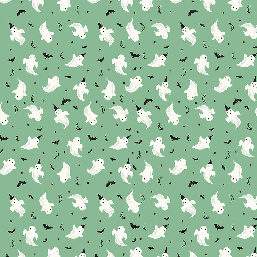 Pattern of white ghosts with black hats and bats on a green background