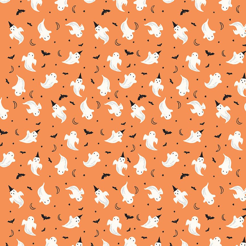 Halloween-themed pattern with ghosts, bats, and pumpkins on an orange background.
