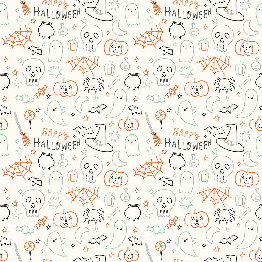 Halloween-themed pattern with ghosts, pumpkins, and text on a white background