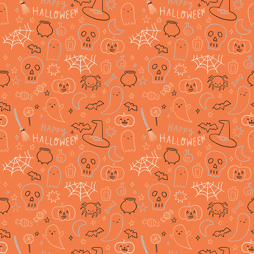 Halloween-themed pattern with ghosts, pumpkins, and skulls on an orange background.