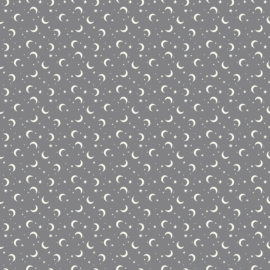 Pattern of white crescent moons and stars on a gray background